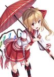  :d absurdres alternate_costume blonde_hair blush flandre_scarlet gurasion_(gurasion) highres holding looking_at_viewer older open_mouth red_eyes side_ponytail skirt smile solo touhou umbrella white_background wings 
