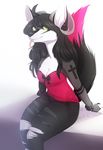  anthro breasts canine clothed clothing ear_piercing facial_piercing female forked_tongue half-closed_eyes horn hybrid lip_piercing looking_at_viewer mammal piercing pixelannex simple_background smile solo tongue 