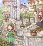  apron bat_wings blonde_hair blue_eyes blue_hair blue_sky blush_stickers box braid breasts brick_wall carrying chair chibi chimney clock clock_tower closed_eyes cloud crescent crescent_hair_ornament day double_bun fang fang_out faux_traditional_media flandre_scarlet flat_cap flower flying garden gardening hair_ornament hair_over_one_eye hat head_wings highres hong_meiling izayoi_sakuya koakuma large_breasts long_sleeves looking_at_another looking_up maid_headdress mob_cap multiple_girls necktie outdoors patchouli_knowledge peeking_out pillar plant potted_plant puffy_short_sleeves puffy_sleeves purple_eyes purple_hair reading red_flower red_hair red_rose remilia_scarlet robe roman_numerals rose shears shoes short_hair short_sleeves silver_hair sitting skirt skirt_set sky socks stairs standing star stone_walkway table touhou tower tree twin_braids umbrella waist_apron walking watering_can wings ys_(ytoskyoku-57) 