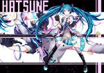  &gt;:) aqua_hair black_gloves blue_eyes gloves half_gloves hatsune_miku headgear highres holding i'm_egoist_nez long_hair looking_at_viewer microphone smile solo twintails v-shaped_eyebrows very_long_hair vocaloid zoom_layer 