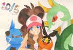  blue_eyes brown_hair creatures_(company) dewott female game_freak gen_5_pokemon looking_at_viewer nintendo pokemon pokemon_(creature) pokemon_(game) pokemon_bw serperior smile tepig touko_(pokemon) traditional_media umetomato 