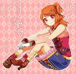  aikatsu! aikatsu!_(series) bare_shoulders blush boots bow brown_hair earrings gloves jewelry long_hair looking_at_viewer necklace one_side_up oozora_akari red_eyes short_hair sitting skirt smile solo tarachine white_gloves 