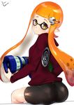  ass bike_shorts blush domino_mask hair_ornament hairclip inkling l-3_nozzlenose_(splatoon) looking_at_viewer looking_back mask orange_eyes orange_hair pointy_ears simple_background sitting smile solo splatoon_(series) splatoon_1 super_soaker tentacle_hair white_background yappen 