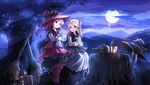  bag blonde_hair blue_eyes brooch broom brown_eyes brown_hair capelet cloud cup full_moon hat hat_removed headwear_removed highres jewelry lamp moon multiple_girls night open_mouth original pot risutaru shirt sitting skirt skirt_set sky smile teacup tree twintails witch_hat 