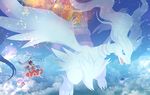  above_clouds aerial_battle arm_up ascot bad_id bad_pixiv_id battle between_fingers black_hair blue_eyes bow brown_footwear cloud crossover detached_sleeves fire floating flying frilled_skirt frills gen_5_pokemon gohei hair_bow hair_tubes hakurei_reimu light_particles long_hair long_skirt night night_sky nin_(female) open_mouth petals pokemon pokemon_(creature) red_skirt reshiram ribbon-trimmed_sleeves ribbon_trim sarashi shoes size_difference skirt sky socks tail talisman touhou white_legwear yin_yang 