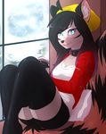  anthro canine clothed clothing collar ear_piercing female inside legwear looking_at_viewer mammal open_mouth piercing pixelannex smile solo teeth thigh_highs tongue 