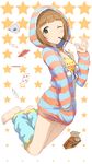  barefoot brown_eyes brown_hair card dani-ikapi food highres idolmaster idolmaster_cinderella_girls kitami_yuzu leg_wrap loungewear one_eye_closed playing_card pocky short_hair solo striped striped_hat striped_hoodie 