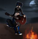 anthro canine clothed clothing female guitar mammal musical_instrument navel navel_piercing nitani outside piercing smile solo standing 