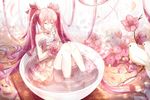  absurdly_long_hair bird cherry_blossoms closed_eyes cup dress flower food hair_flower hair_ornament hatsune_miku highres in_food long_hair minigirl partially_submerged phino pink_hair sakura_miku sitting solo strapless strapless_dress tea teacup twintails very_long_hair vocaloid 