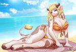  anthro beach big_breasts bikini blonde_hair blue_eyes bovine breasts cattle cleavage clothed clothing eyewear female georgina_tripplehorn glasses hair hooves horn looking_at_viewer mammal outside robyn_paperdoll sea seaside slightly_chubby smile solo swimsuit thick_thighs water wide_hips 