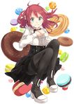  black_legwear blouse blue_eyes boots bow bowtie buttons candy center_frills doughnut dress food frills full_body hair_bobbles hair_ornament hands_on_own_chest high-waist_skirt hiwatari_rin looking_at_viewer macaron messy_hair original pantyhose red_hair skirt sleeve_cuffs smile solo thighband_pantyhose white_background 