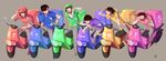  absurdres beamed_eighth_notes black_hair brothers cellphone dama_(alice3040) delivery flying_sweatdrops grey_background ground_vehicle headwear_removed helmet helmet_removed highres male_focus matsuno_choromatsu matsuno_ichimatsu matsuno_juushimatsu matsuno_karamatsu matsuno_osomatsu matsuno_todomatsu messy_hair motor_vehicle multiple_boys musical_note osomatsu-kun osomatsu-san phone scooter sextuplets siblings simple_background smartphone watch wristwatch 