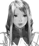  agrias_oaks armor close-up closed_mouth expressionless face final_fantasy final_fantasy_tactics greyscale long_hair looking_afar monochrome sidelocks solo ueo_(i_ueo) upper_body white_background 