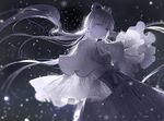  alternate_costume backlighting bad_id bad_pixiv_id bangs blue_eyes blurry bokeh bow capelet closed_mouth cravat depth_of_field dress earrings frilled_sleeves frills gradient grey_hair hair_ornament hair_rings happy_new_year highres jewelry long_hair long_sleeves luo_tianyi moss_(2225028) new_year smile snowing solo spot_color vocaloid vocanese wide_sleeves 