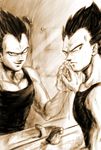  artist_name bathroom blue_queen_(chana0) dated different_reflection dragon_ball dragon_ball_z dual_persona hand_on_mirror male_focus mirror monochrome muscle pectorals reflection sepia signature sink smile sweat tank_top vegeta widow's_peak 