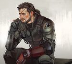  beard black_hair cigar emblem eyepatch facial_hair male_focus mechanical_arm metal_gear_(series) metal_gear_solid_v mistermagnolia ponytail scar scar_across_eye sitting solo venom_snake 