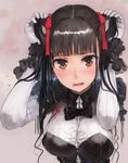  black_hair blush bob_(biyonbiyon) bow breasts brown_eyes button_gap flying_sweatdrops hair_bow highres long_hair medium_breasts original solo tears twintails 