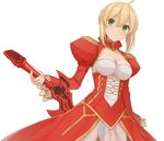  aestus_estus ahoge blonde_hair breasts cleavage cowboy_shot dress epaulettes fate/extra fate_(series) green_eyes leotard looking_at_viewer medium_breasts nananichi nero_claudius_(fate) nero_claudius_(fate)_(all) red_dress see-through solo sword weapon white_background 