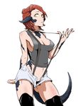  1girl au_ra breasts brown_hair cleavage dragon_girl dragon_horns dragon_tail final_fantasy final_fantasy_xiv highres horns imdsound scales short_hair shorts solo suspenders tail tank_top thighhighs unbuttoned yellow_eyes 