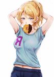  adjusting_hair angel_french arms_behind_head ayase_eli bangs blonde_hair blue_eyes blue_shirt breasts doughnut food food_in_mouth french_cruller highres looking_at_viewer love_live! love_live!_school_idol_project medium_breasts midriff mouth_hold navel parted_bangs shirt short_sleeves simple_background solo suito t-shirt tying_hair white_background 