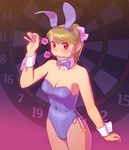  animal_ears bow bowtie brown_hair bunny_ears bunny_tail bunnysuit dart dartboard detached_collar fishnet_pantyhose fishnets fukusuke_hachi-gou mouth_hold original pantyhose red_eyes solo standing tail wrist_cuffs 