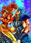  1girl armlet belt blue_background blue_hair bound couple crack hand_on_another's_face hetero hokuto_no_ken long_hair looking_at_another mamiya muscle norie orange_hair purple_eyes red_eyes rei_(hokuto_no_ken) rock shoulder_pads sitting tied_up yellow_legwear 