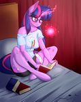  2016 anthro anthrofied bed blush book clothed clothing cutie_mark equine feathers female friendship_is_magic glowing hair horn long_hair magic mammal multicolored_hair my_little_pony on_bed purple_eyes shirt shorts sitting solo souladdicted tuft twilight_sparkle_(mlp) unicorn writing 