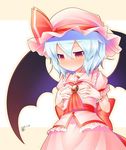  :&lt; aozora_market bat_wings blue_hair blush bow breast_conscious brooch hands_on_own_chest hat hat_bow jewelry red_eyes remilia_scarlet short_hair solo touhou wings 