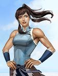  avatar_(series) blue_eyes blue_sky brown_hair cloud day hair_tubes hands_on_hips high_ponytail mistermagnolia sky smile solo sweat the_legend_of_korra toned twintails upper_body wristband 