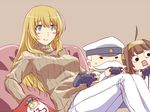  2girls admiral_(kantai_collection) ahoge alternate_costume atago_(kantai_collection) bismarck_(kantai_collection) blonde_hair blue_eyes blush_stickers c: cameo casual commentary_request controller cushion eating game_controller hairband hat holding ishii_hisao kantai_collection kongou_(kantai_collection) long_hair military military_uniform multiple_girls naval_uniform peaked_cap playing_games sitting sweat sweater uniform white_hair 