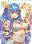  angel_wings blue_hair blush bracer breasts bright_pupils cleavage double_v feathered_wings fullbokko_heroes hair_ornament halo hera_(fullbokko_heroes) large_breasts long_hair navel o-ring open_mouth red_eyes shigatake simple_background smile solo v water wet white_wings wings 