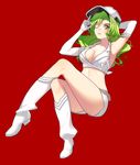  bleach bleach:_the_thousand-year_blood_war boots breasts candice_catnipp center_opening cleavage crossed_legs full_body gloves green_eyes green_hair hat large_breasts long_hair military military_hat military_uniform one_eye_closed red_background simple_background sitting solo uniform wandenreich white_footwear yaka_(kk1177) 