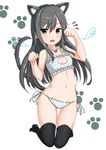  ame-rain animal_ears asashio_(kantai_collection) bell bell_choker black_hair black_legwear blue_eyes cat_cutout cat_ear_panties cat_ears cat_lingerie cat_tail choker cleavage_cutout flat_chest flying_sweatdrops highres kantai_collection long_hair looking_at_viewer meme_attire navel panties paw_pose paw_print side-tie_panties solo tail thighhighs underwear 