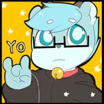  anthro bell bell_collar berseepon09 blue_eyes blue_hair cervine clothed clothing collar deer eyewear glasses hair looking_at_viewer male mammal shota_deer_(character) solo young 