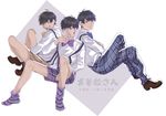  alternate_costume black_hair bow bowtie brothers character_name copyright_name crossed_arms crossed_legs fork indian_style karasu_(krvenry) male_focus matsuno_ichimatsu matsuno_juushimatsu matsuno_karamatsu multiple_boys no_shoes open_mouth osomatsu-kun osomatsu-san pants plaid plaid_pants plaid_shorts rectangle shorts siblings sitting smile striped striped_legwear suspender_shorts suspenders 