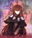  armor bad_id bad_pixiv_id bodysuit breasts brown_hair circlet fate/grand_order fate_(series) highres kneeling long_hair looking_at_viewer medea@nae medium_breasts red_eyes scathach_(fate)_(all) scathach_(fate/grand_order) shoulder_armor solo 
