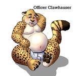  anthro barefoot benjamin_clawhauser blueballs blush boxer_briefs bulge cheetah clothing disney doughnut english_text feline food food_in_mouth front_view male mammal moobs navel nipples obese overweight pawpads raised_arm sitting solo text underwear whiskers zootopia 