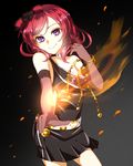  belt bow bracelet chain choker cowboy_shot dark_background diamond_princess_no_yuuutsu elbow_gloves fire flower gloves gold_chain hair_bow hair_flower hair_ornament hair_twirling jewelry looking_at_viewer love_live! love_live!_school_idol_project niro_(sikabanekurui) nishikino_maki purple_eyes red_hair shining_finger skirt smile solo striped striped_bow 