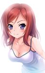 bangs blush breasts camisole cleavage closed_mouth collarbone large_breasts leaning_forward looking_at_viewer love_live! love_live!_school_idol_project nishikino_maki noshimasa purple_eyes red_hair simple_background smile solo swept_bangs upper_body white_background 