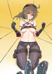  1girl absurdres areola_slip areolae bound bound_arms breasts brown_hair crotchless elbow_gloves gloves hat highres mahan_(zhan_jian_shao_nyu) medium_breasts pantyhose seiza sitting solo thighband_pantyhose torn_clothes torn_legwear yellow_background yellow_eyes zhan_jian_shao_nyu 