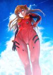  &gt;:( ass_visible_through_thighs bad_id bad_nicoseiga_id bangs blue_eyes blue_sky bodysuit bracer breasts breath brown_hair cloud covered_nipples crotch day floating_hair foreshortening from_below frown gloves hair_between_eyes hair_ornament hand_on_hip highres long_hair looking_at_viewer looking_down neon_genesis_evangelion outdoors perspective pilot_suit plugsuit puma_(hyuma1219) serious skin_tight sky small_breasts solo souryuu_asuka_langley standing tsurime turtleneck two_side_up v-shaped_eyebrows wind 