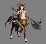  :d absurdres ahoge armor axe bangs battle_axe bikini_armor black_hair blush bracer bradwarden breasts brown_eyes brown_gloves centaur cleavage defense_of_the_ancients dota_2 full_body genderswap genderswap_(mtf) gloves grey_background highres holding holding_axe holding_weapon hooves horns horse_tail horseshoe large_breasts long_hair looking_at_viewer mcrc_science monster_girl navel open_mouth personification ponytail shoulder_armor signature simple_background smile solo spikes standing tail teeth weapon 