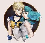  aqua_hair bishoujo_senshi_sailor_moon blonde_hair blue_choker blue_eyes blue_sailor_collar choker circlet collarbone cowboy_shot kaiou_michiru mistermagnolia multiple_girls outer_senshi ribbon sailor_collar sailor_neptune sailor_senshi sailor_senshi_uniform sailor_uranus short_hair ten'ou_haruka very_short_hair 