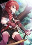  bow_(weapon) braid drawing_bow fingerless_gloves gloves hai_to_gensou_no_grimgar hair_over_shoulder in_tree long_hair looking_afar outdoors quiver red_eyes red_hair saradabul_komaki single_braid sitting sitting_in_tree solo thighhighs tree weapon yume_(grimgar) zettai_ryouiki 