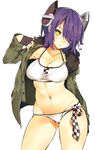  arm_behind_back bad_id bad_twitter_id bikini black_gloves breasts checkered checkered_neckwear cleavage fingerless_gloves fur_collar gloves hair_over_one_eye headgear jacket jacket_over_swimsuit kantai_collection large_breasts navel necktie open_clothes open_jacket purple_hair shimeji_(4_me_ji) short_hair solo swimsuit tenryuu_(kantai_collection) white_bikini yellow_eyes 