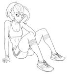  2016 abs anthro bra clothed clothing eye_patch eyewear female fish footwear hair marine miketheuser monochrome navel shoes shorts simple_background sitting smile solo sports_bra undertale underwear undyne video_games white_background 