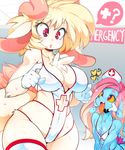  anthro ashiji_(character) big_breasts blonde_hair breasts clothing cream_fur cteno dragon duo female flat_chested fur gloves hair horn monster monster_girl nurse nurse_uniform pink_hair red_eyes scalie slugbox thick_thighs tongue uniform wide_hips 