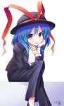  :d alternate_costume aozora_market blazer blue_hair blush bracelet breasts cleavage collared_shirt contemporary hat high_heels jacket jewelry looking_at_viewer medium_breasts nagae_iku necklace open_mouth pants red_eyes shirt smile solo touhou 