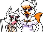  anthro breasts canine chair cleavage clothed clothing duo ear_piercing female five_nights_at_freddy&#039;s five_nights_at_freddy&#039;s_2 fox funtime_foxy_(fnaf) furrification inkyfrog jewelry lipstick lolbit_(fnaf) looking_at_viewer mammal mangle_(fnaf) necklace piercing sharp_teeth silver_eyes sitting smile teeth video_games yellow_eyes 