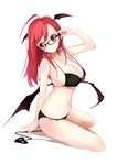  ahoge alternate_costume arm_support bespectacled bikini black_bikini breasts cleavage demon_tail demon_wings glasses head_wings highres koakuma large_breasts long_hair looking_to_the_side navel red_eyes red_hair simple_background sitting slit_pupils solo strap_gap swimsuit tail tetsurou_(fe+) touhou white_background wings 